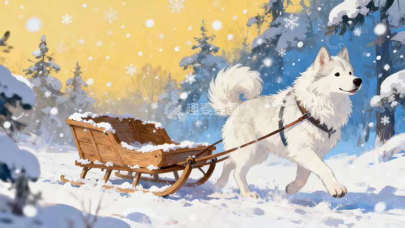 高清大图下载【趣麦麦图】雪地犬拉雪橇冬日景象