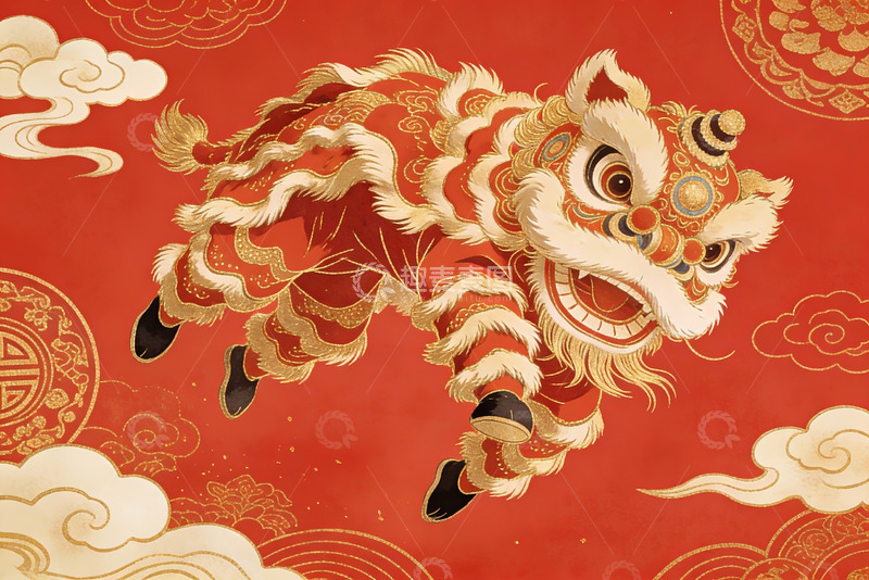 高清大图下载【趣麦麦图】红色背景上的舞狮图案