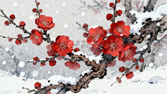 雪中红梅绽放