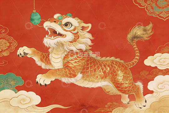 红色背景下的金色神兽图案