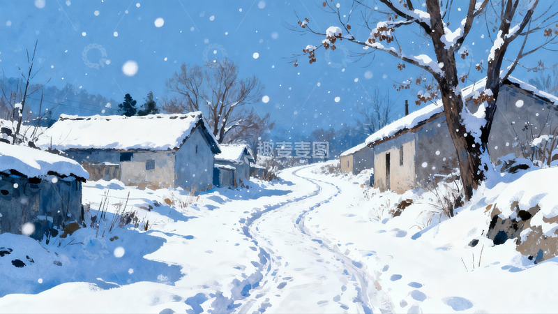高清大图下载【趣麦麦图】雪后乡村小径冬景画