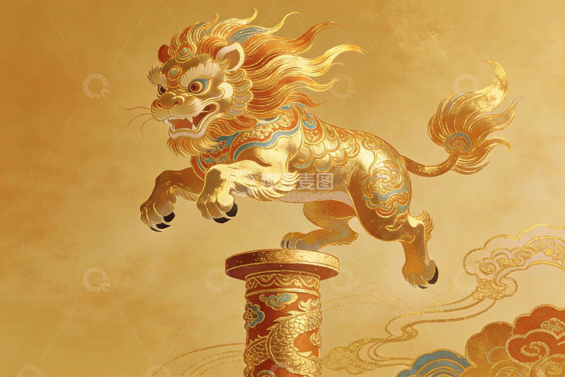 高清大图下载【趣麦麦图】金色神兽跃柱祥云环绕