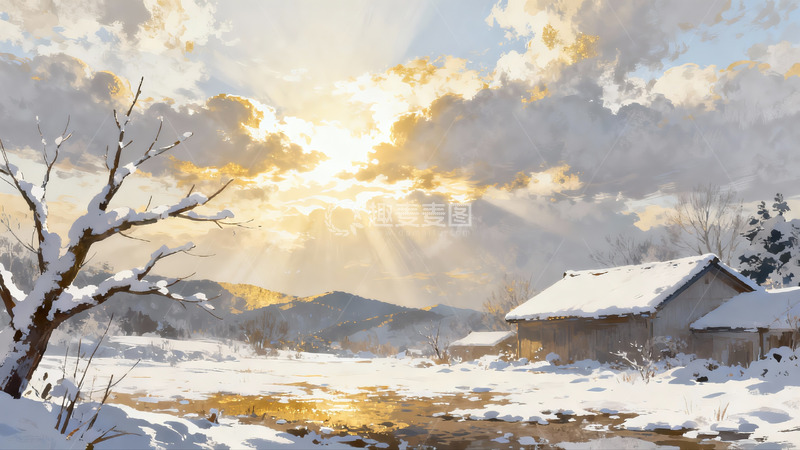 高清大图下载【趣麦麦图】雪后山村日出美景