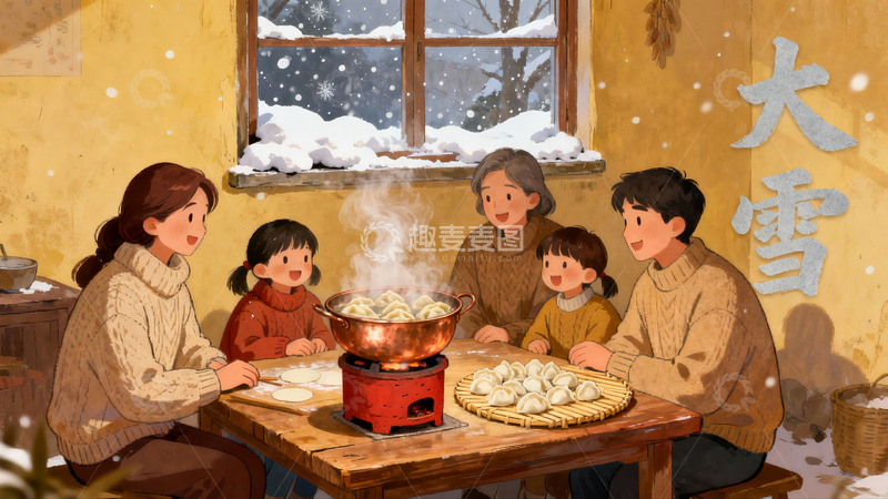高清大图下载【趣麦麦图】冬日围炉包饺子温馨家庭场景