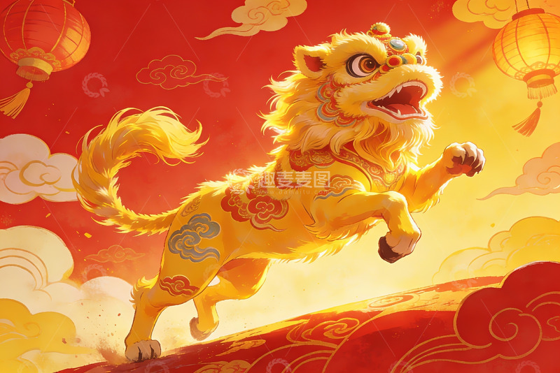 高清大图下载【趣麦麦图】金色舞狮迎春图