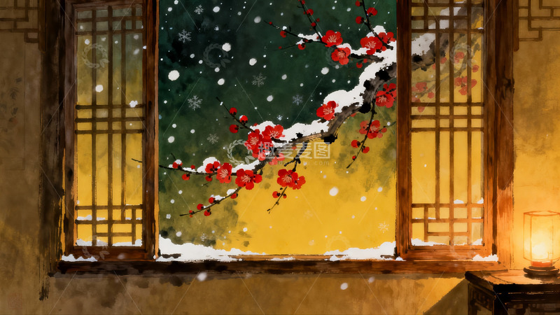 高清大图下载【趣麦麦图】窗外雪梅夜景
