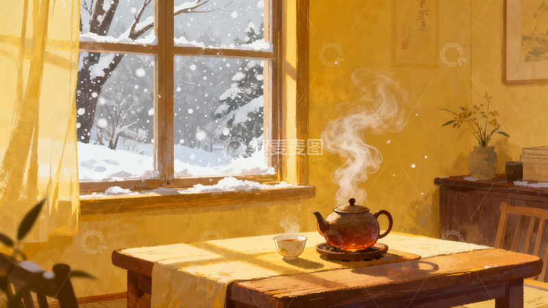 高清大图下载【趣麦麦图】冬日暖室窗外雪景