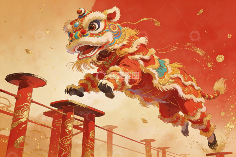 高清大图下载【趣麦麦图】舞狮表演跃起瞬间