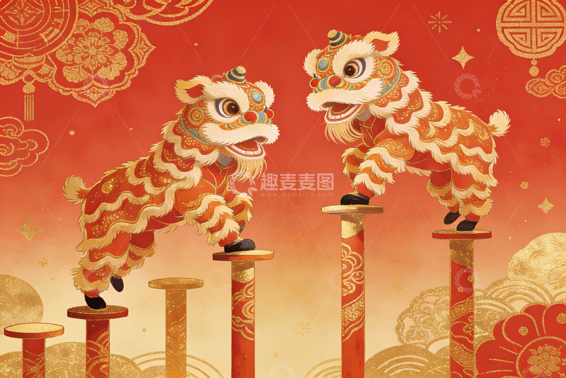 高清大图下载【趣麦麦图】舞狮表演喜庆红金配色