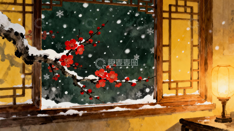 高清大图下载【趣麦麦图】雪中红梅映古窗