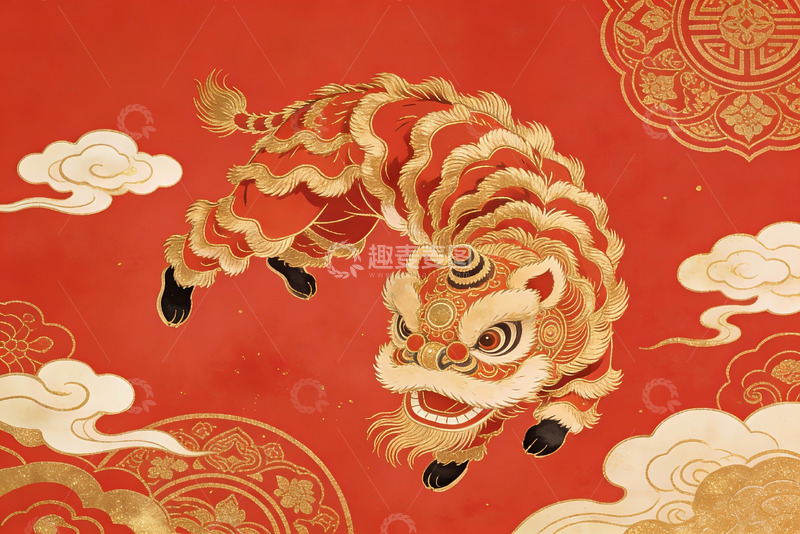 高清大图下载【趣麦麦图】红色背景上的金色舞狮图案