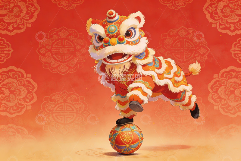 高清大图下载【趣麦麦图】舞狮踩球喜庆图案
