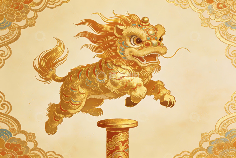 高清大图下载【趣麦麦图】金色瑞兽跃柱祥云环绕