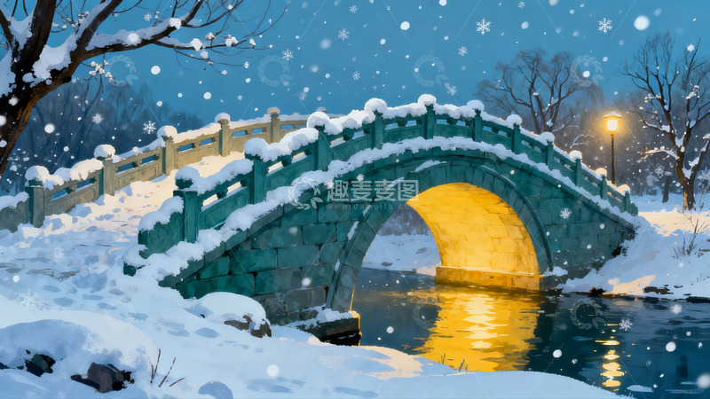 高清大图下载【趣麦麦图】雪夜古桥流水图