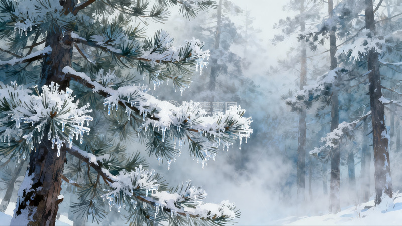 高清大图下载【趣麦麦图】雪覆松林雾气缭绕冬日景象