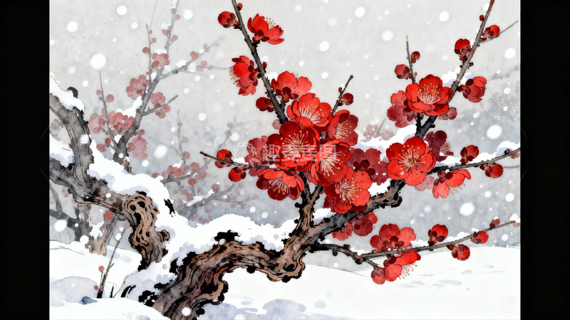 高清大图下载【趣麦麦图】雪中红梅绽放