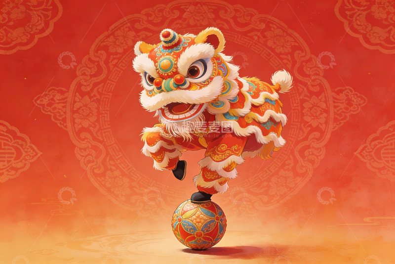 高清大图下载【趣麦麦图】舞狮表演平衡球上