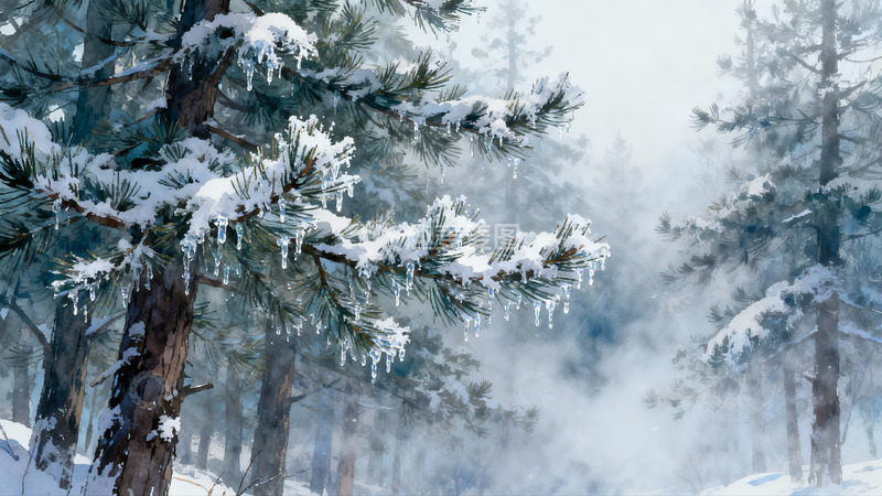 高清大图下载【趣麦麦图】雪覆松枝雾气缭绕冬日森林