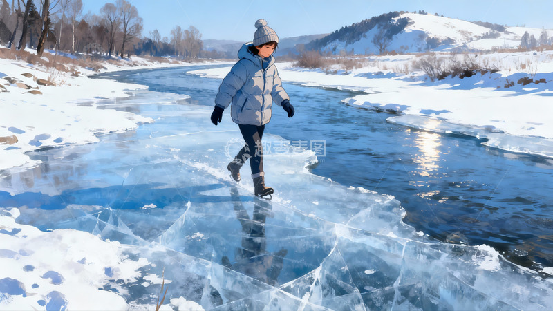 高清大图下载【趣麦麦图】雪地冰河上滑冰的女子