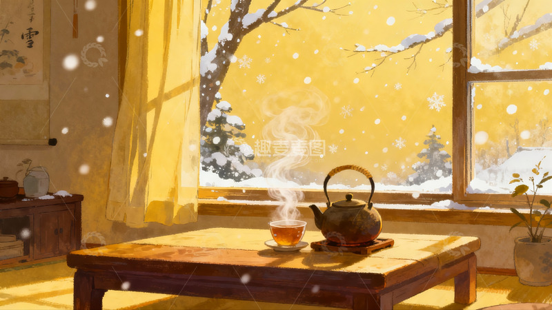 高清大图下载【趣麦麦图】冬日暖窗茶香袅袅