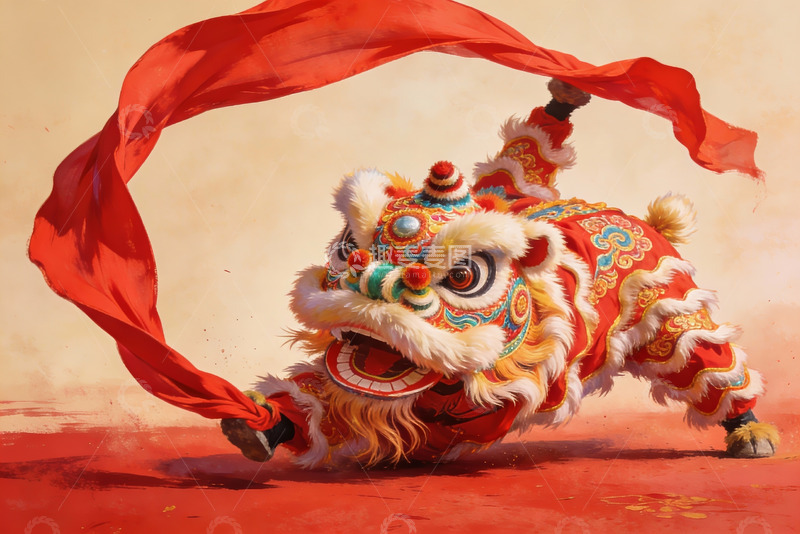 高清大图下载【趣麦麦图】舞狮表演红色绸带飞扬