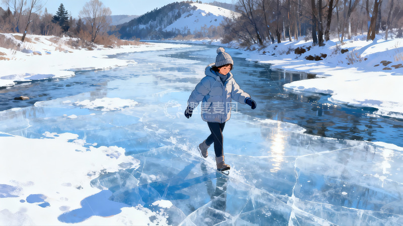 高清大图下载【趣麦麦图】冬日冰河上行走的女子