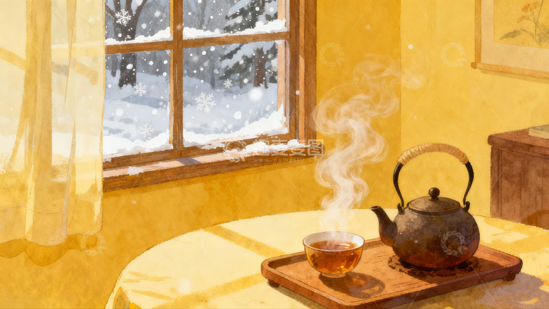 高清大图下载【趣麦麦图】冬日窗边茶香袅袅