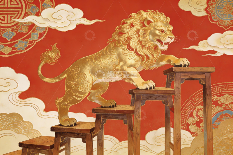 高清大图下载【趣麦麦图】金色狮子踏凳传统艺术画