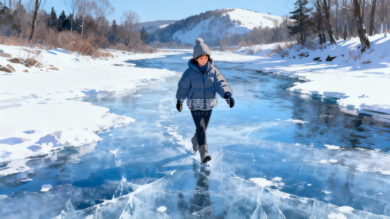 高清大图下载【趣麦麦图】雪地冰河上行走的女子