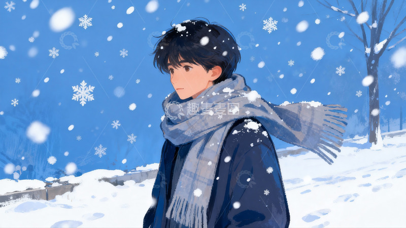 高清大图下载【趣麦麦图】雪中少年静立冬景