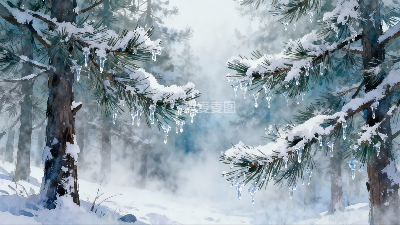 高清大图下载【趣麦麦图】雪覆松林雾气缭绕冬日景象