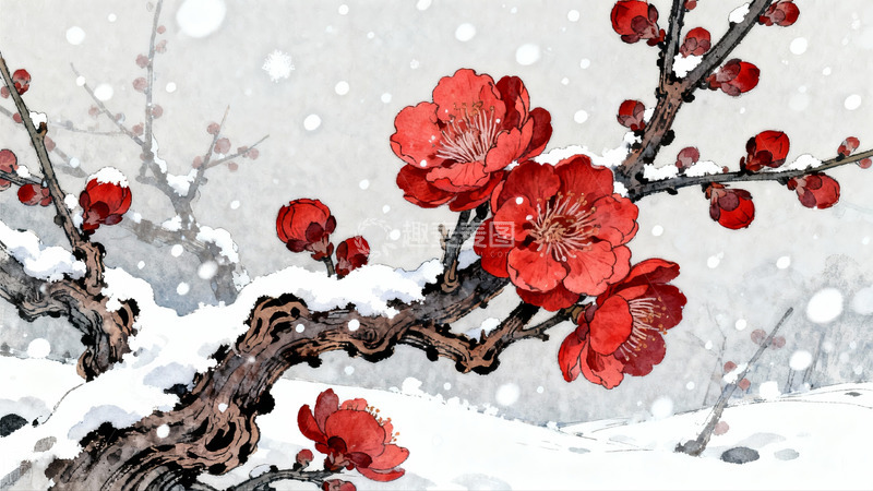高清大图下载【趣麦麦图】雪中红梅绽放