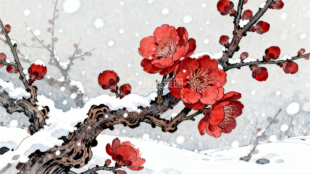 雪中红梅绽放