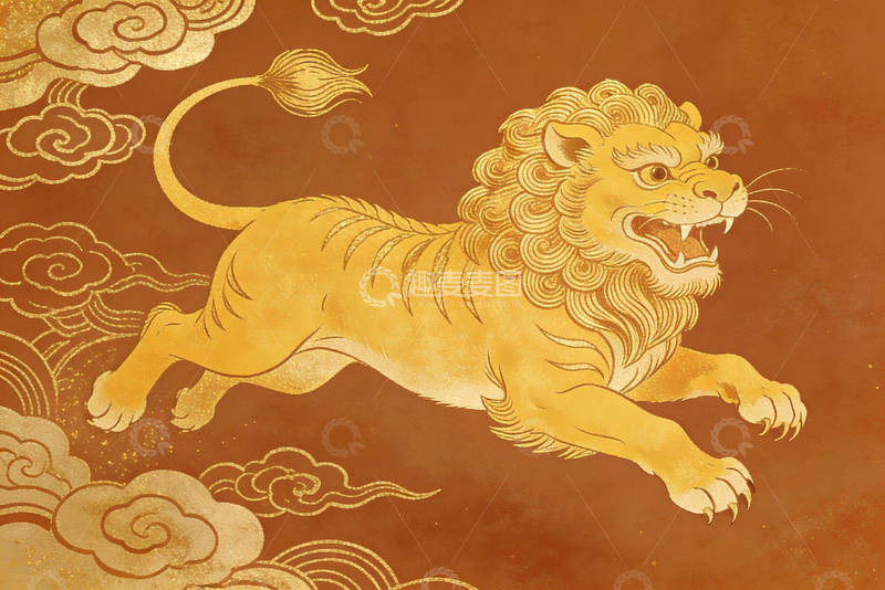 高清大图下载【趣麦麦图】金色狮子跃云图