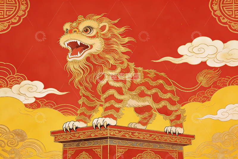 高清大图下载【趣麦麦图】金色瑞兽立柱祥云图案