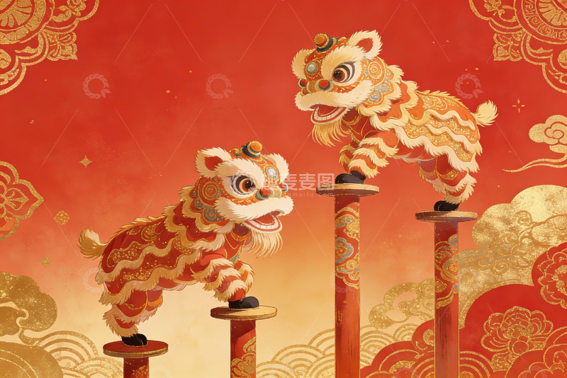高清大图下载【趣麦麦图】舞狮表演喜庆红背景