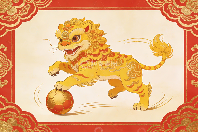 高清大图下载【趣麦麦图】金色舞狮踢足球创意插画