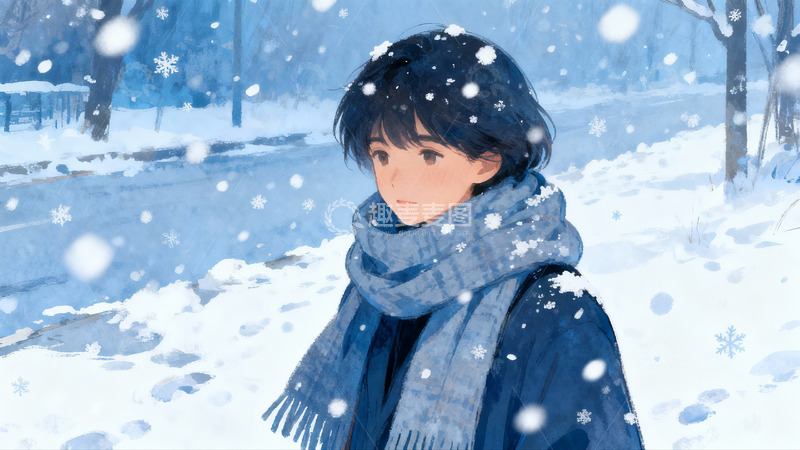 高清大图下载【趣麦麦图】雪中少女静立冬日街景