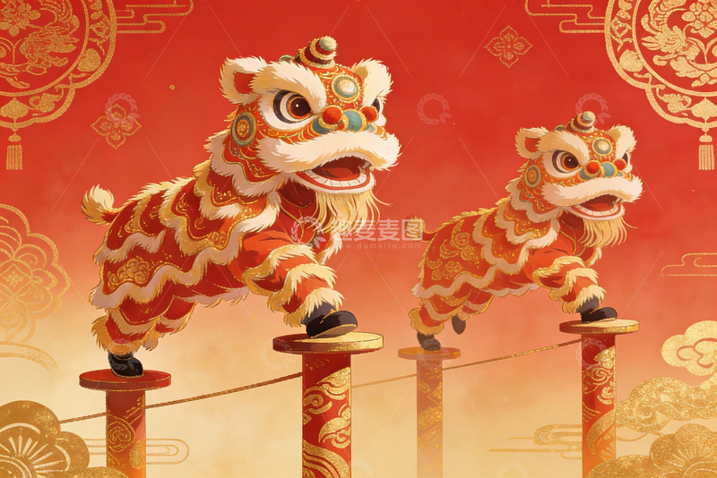 高清大图下载【趣麦麦图】舞狮表演喜庆红金配色