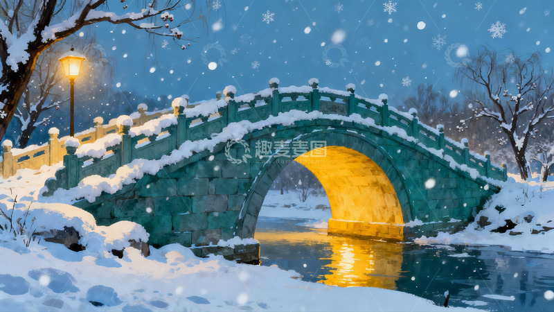 高清大图下载【趣麦麦图】雪夜古桥映水景