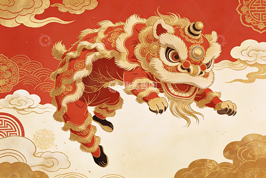 红色祥云中的舞狮艺术图案