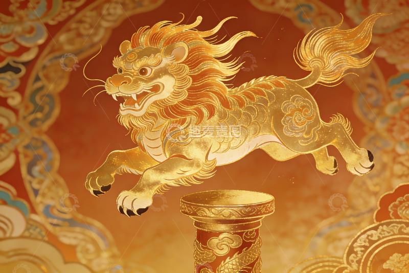 高清大图下载【趣麦麦图】金色瑞兽跃柱祥云环绕