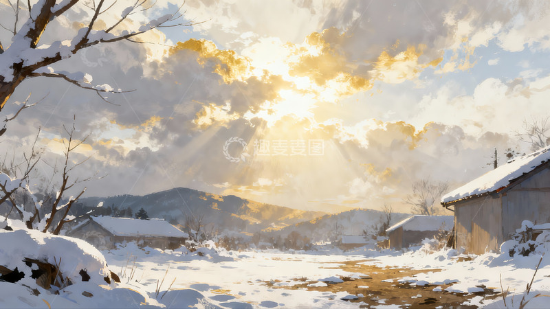 高清大图下载【趣麦麦图】雪后山村日出美景