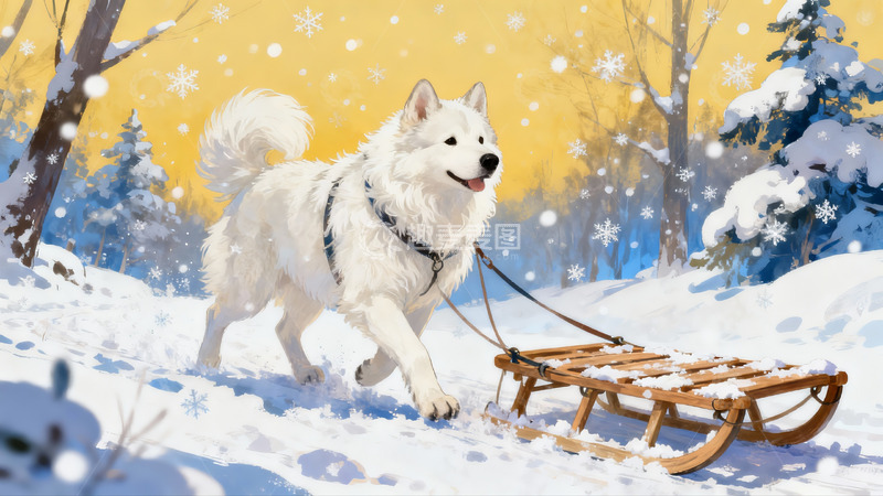 高清大图下载【趣麦麦图】雪地犬拉雪橇冬日景象