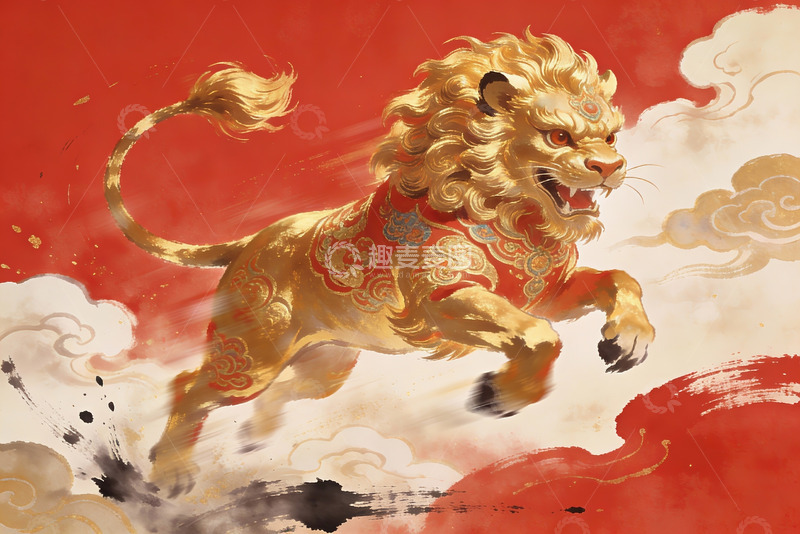 高清大图下载【趣麦麦图】金色神兽跃动祥云间