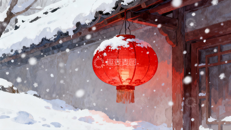 高清大图下载【趣麦麦图】雪中红灯笼古建筑