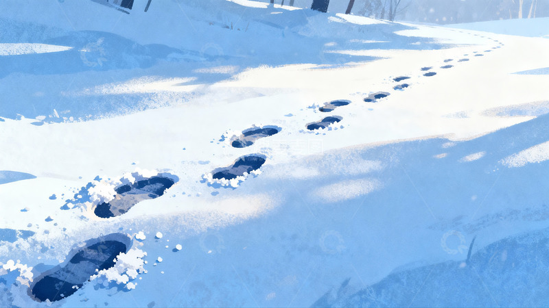 高清大图下载【趣麦麦图】雪地脚印延伸远方