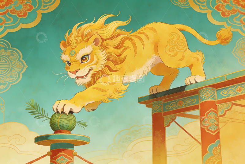 高清大图下载【趣麦麦图】金色神兽跃于古建筑之上