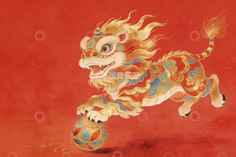 高清大图下载【趣麦麦图】红色背景下的舞狮图案