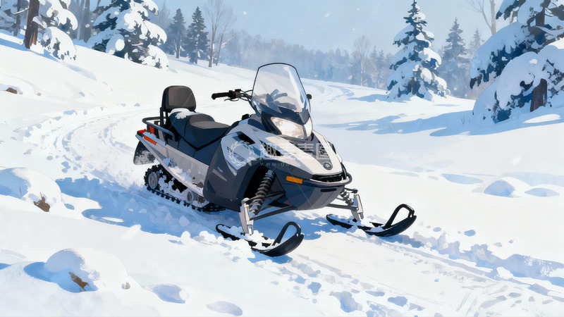 高清大图下载【趣麦麦图】雪地摩托行驶在积雪森林中